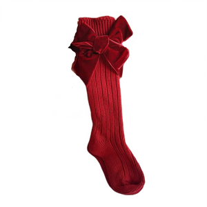 Velvet bow long socks (red)